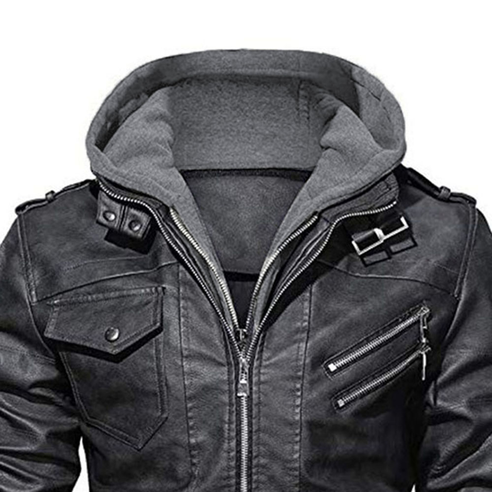 Hooded Plain Standard Patchwork Men's Leather Jacket