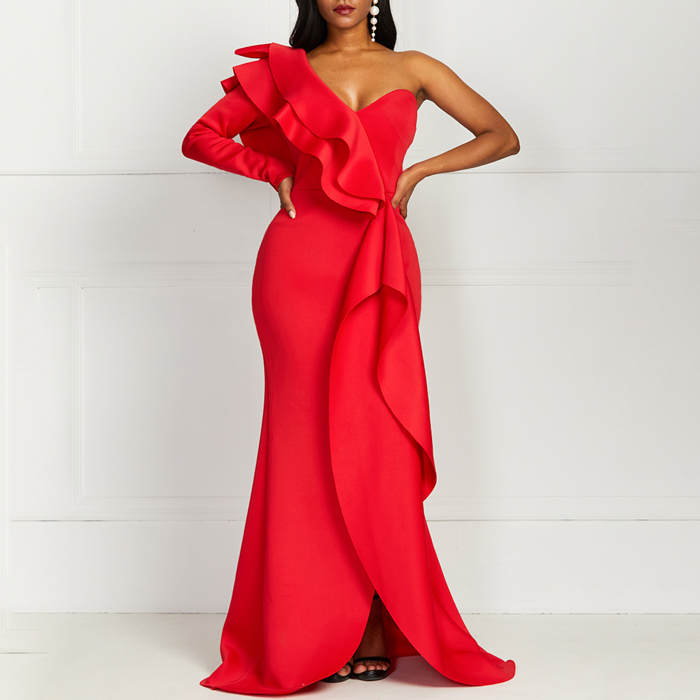 Falbala Long Sleeve One-Shoulder Asymmetric Split Women's Maxi Dress