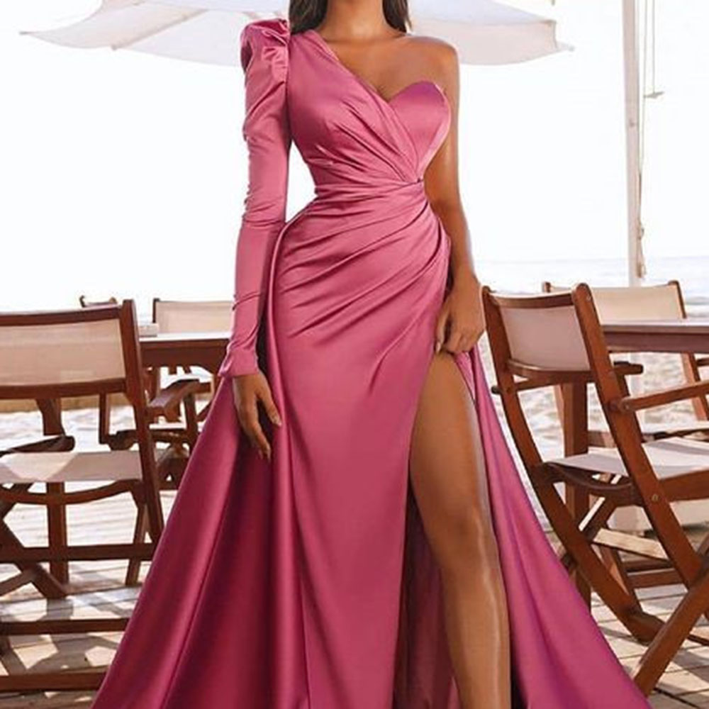 One Shoulder Floor-Length Long Sleeves Split-Front Evening Dress