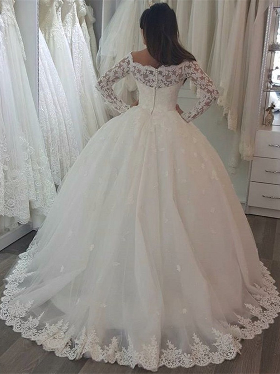 Long Sleeves Ball Gown Appliques Floor-Length Hall Wedding Dress