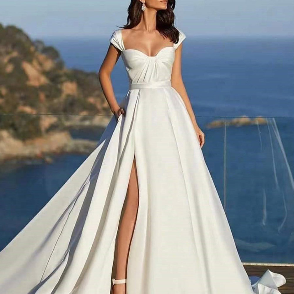 A-Line Short Sleeves Split-Front Floor-Length Church Wedding Dress