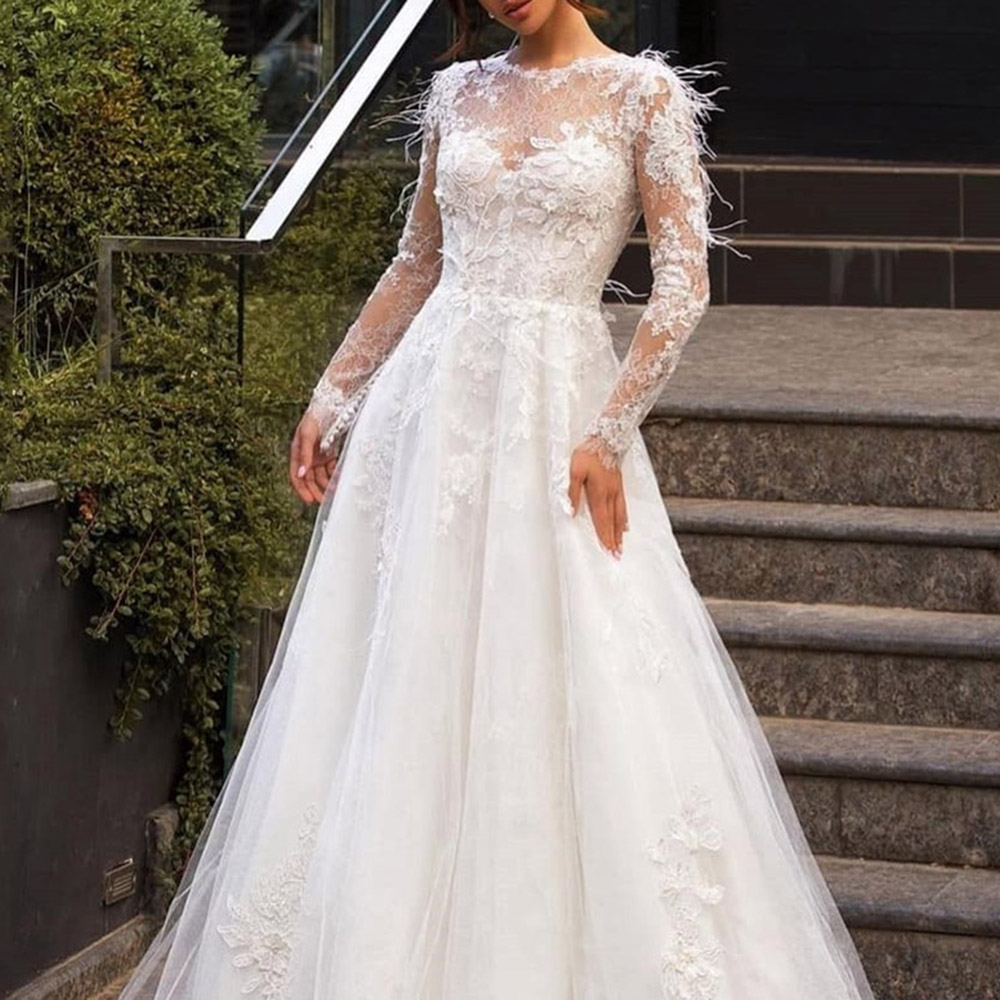 A-Line Long Sleeves Floor-Length Feather Garden/Outdoor Wedding Dress
