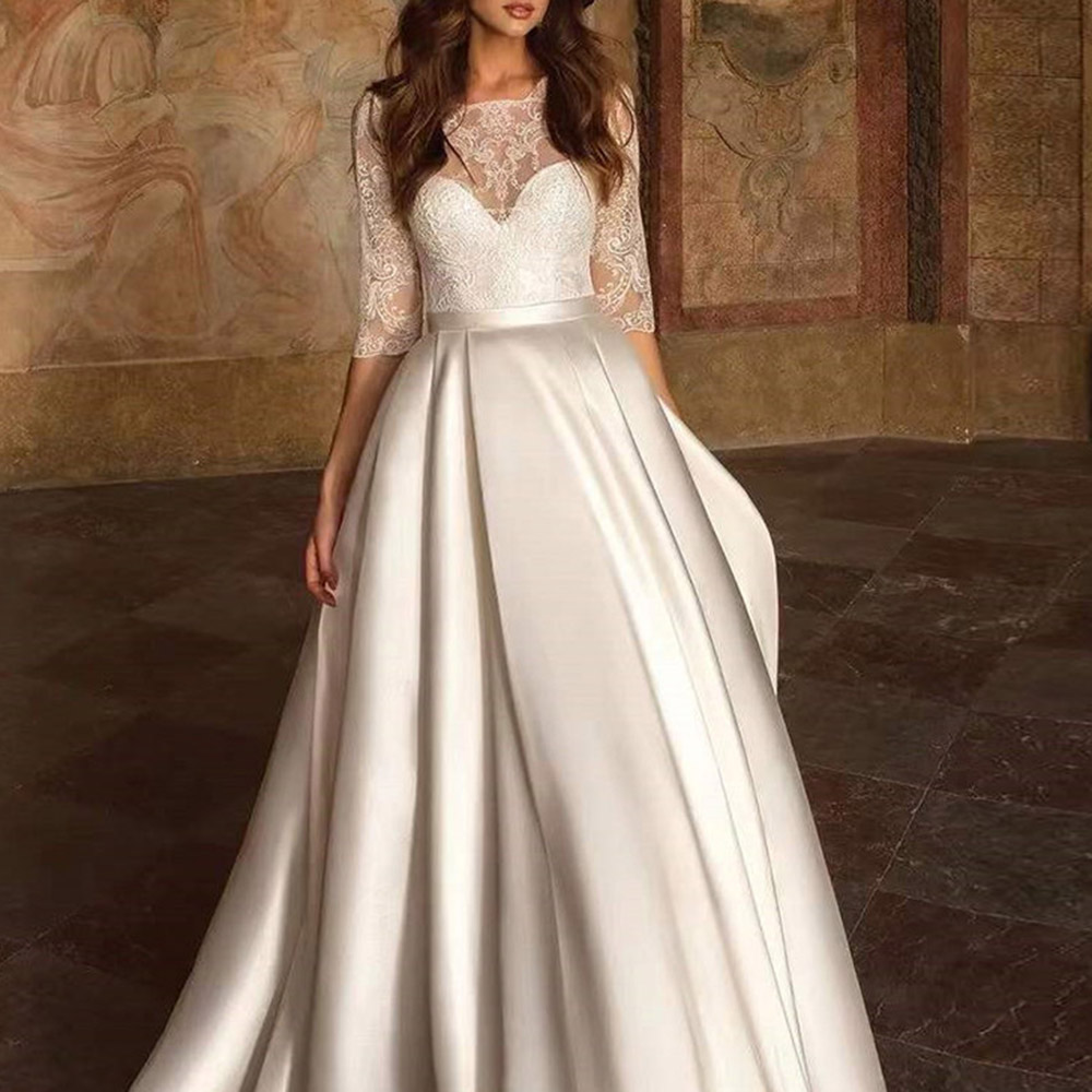 Floor-Length Lace Half Sleeves A-Line Church Wedding Dress