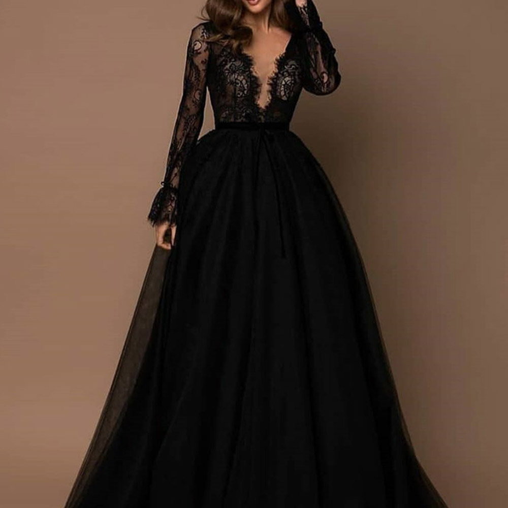 V-Neck Long Sleeves Floor-Length Lace Evening Dress