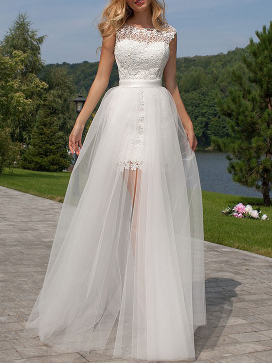 Lace Floor-Length Scoop Cap Sleeves Beach Wedding Dress