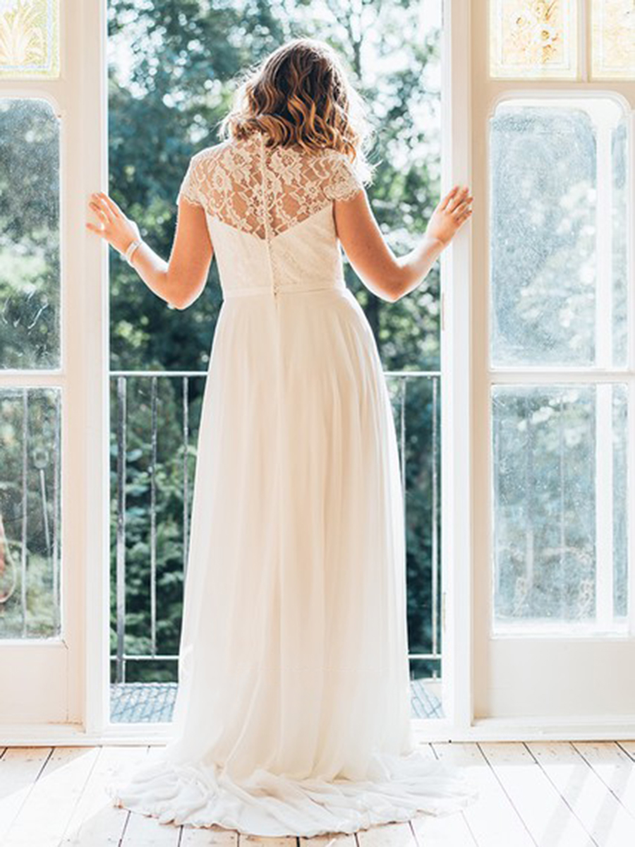 Cap Sleeves Beading Floor-Length A-Line Garden/Outdoor Wedding Dress