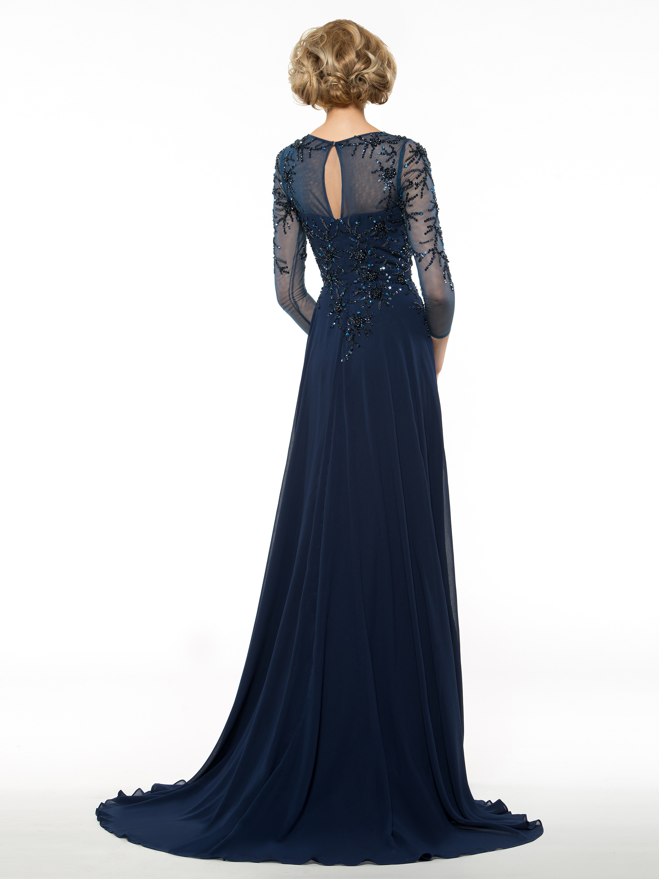 Long Navy Blue Mother Of The Bride Dresses Chiffon Beaded Appliques Bodice Sheer 3/4 Sleeves Mothers Evening Dresses 