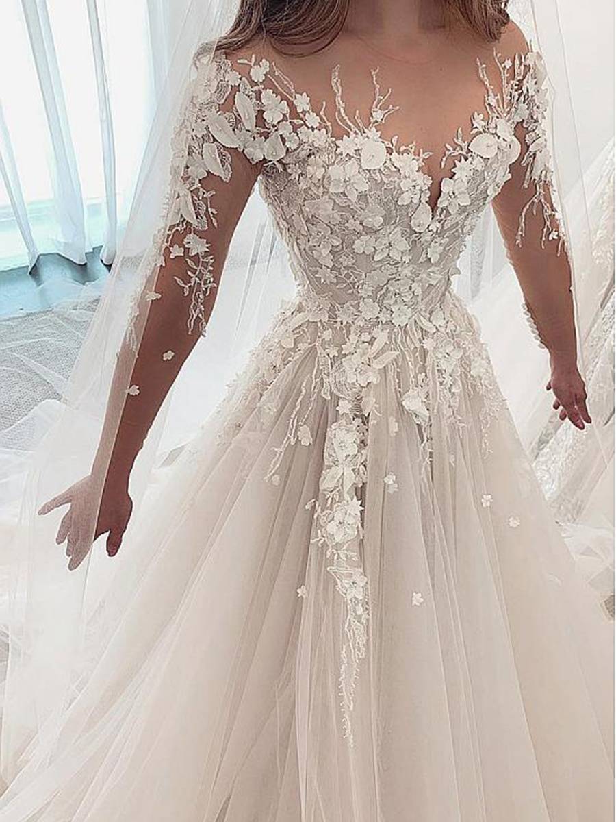 Scoop A-Line Sweep/Brush Floor-Length Church Wedding Dress