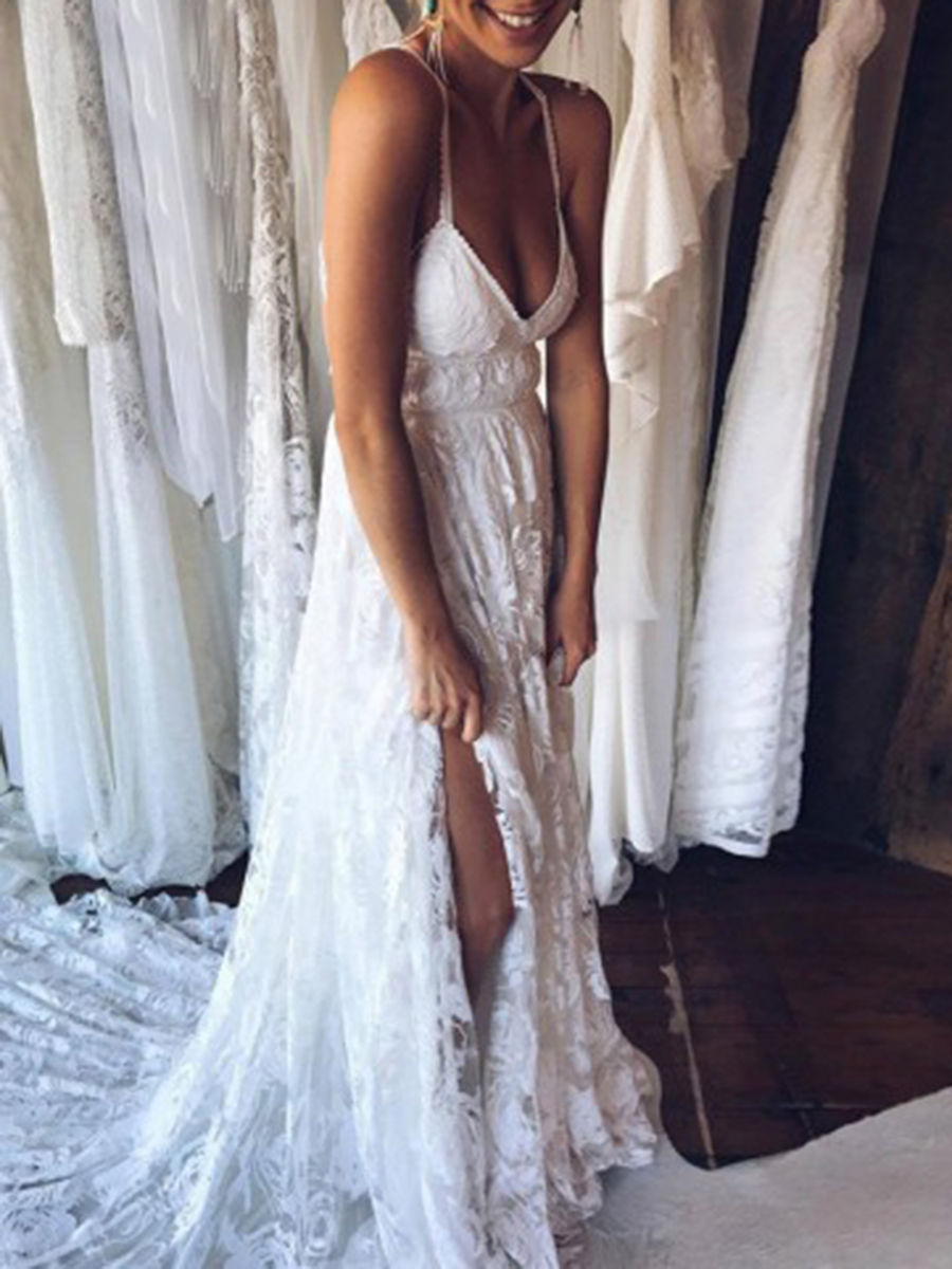 A-Line Floor-Length Lace Spaghetti Straps Hall Wedding Dress