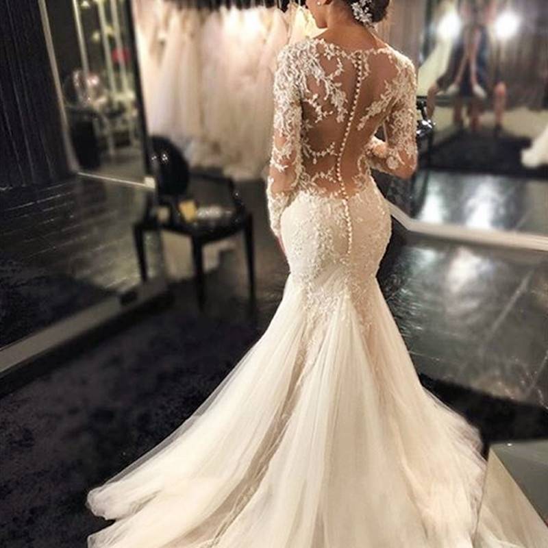 Long Sleeves Court Floor-Length Trumpet/Mermaid Church Wedding Dress