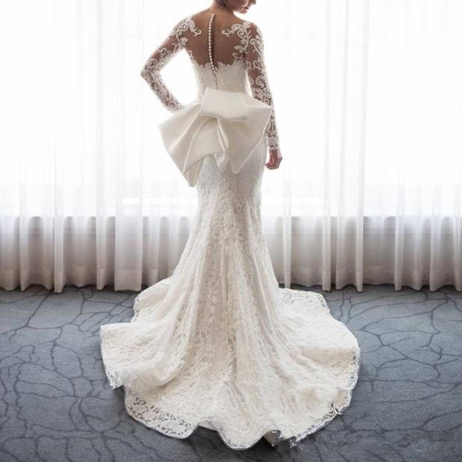 Scoop Floor-Length Long Sleeves Trumpet/Mermaid Garden/Outdoor Wedding Dress