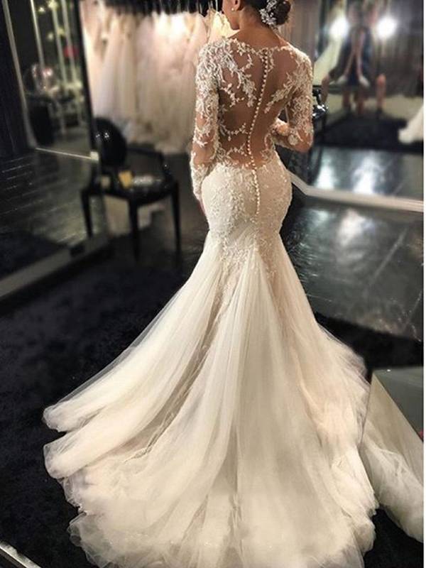 Long Sleeves Court Floor-Length Trumpet/Mermaid Church Wedding Dress