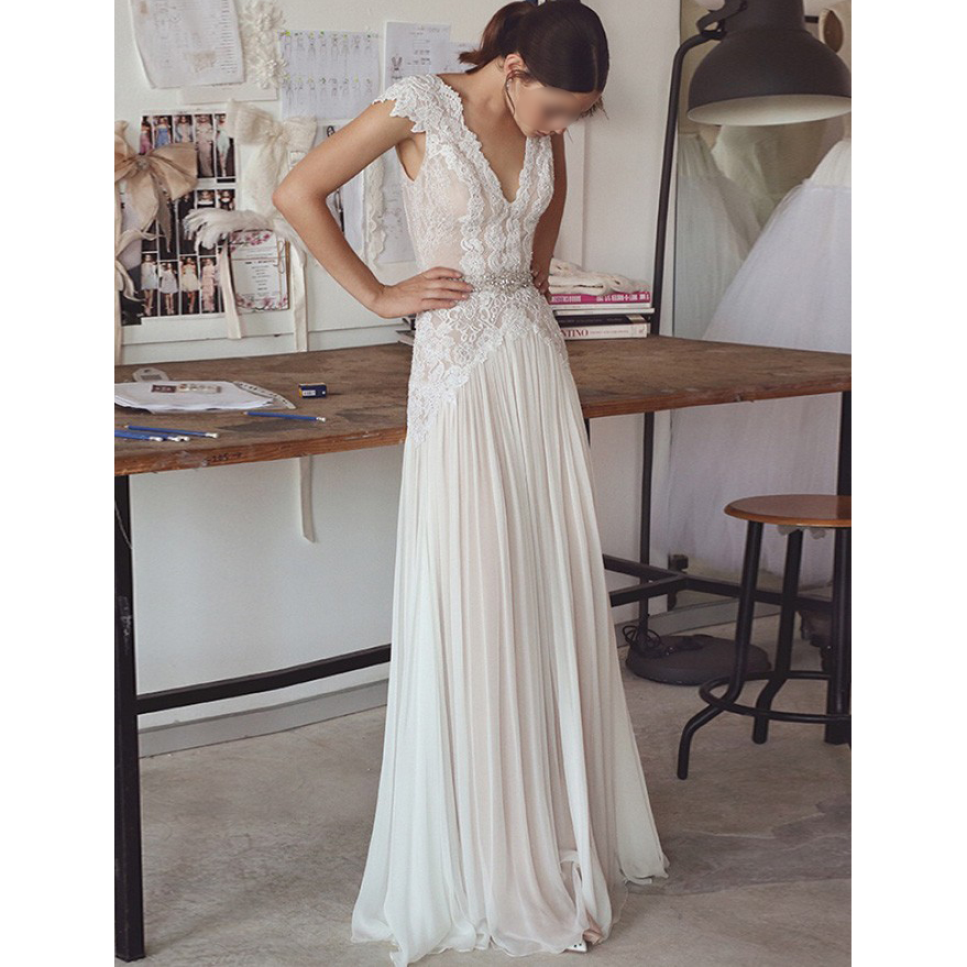 V-Neck Cap Sleeves Sheath/Column Floor-Length Hall Wedding Dress