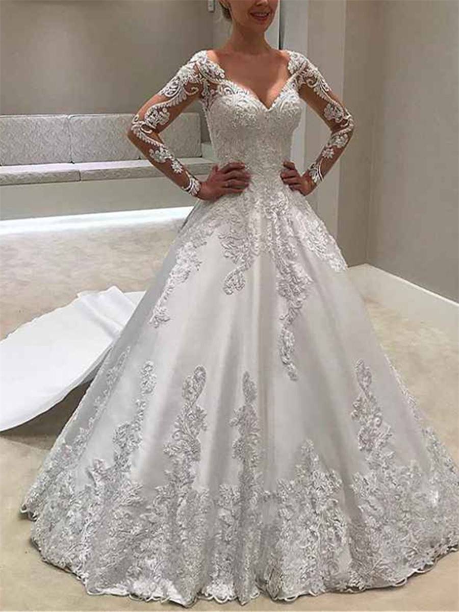 Button Watteau A-Line V-Neck Church Wedding Dress