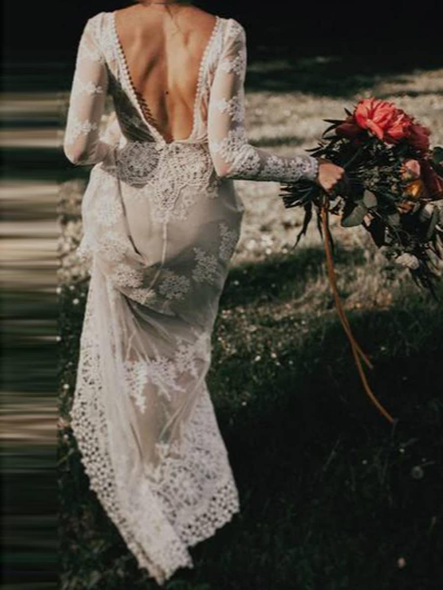 Bateau Long Sleeves Lace Floor-Length Garden/Outdoor Wedding Dress