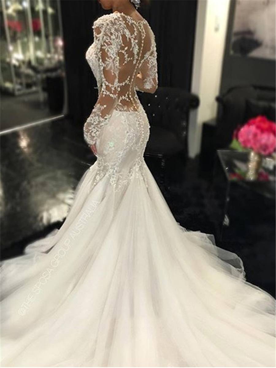 Long Sleeves Court Floor-Length Trumpet/Mermaid Church Wedding Dress