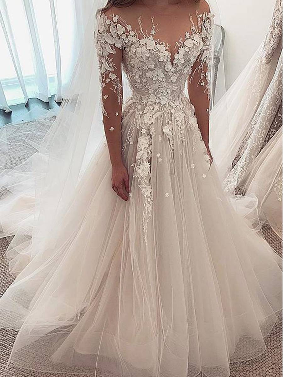 Scoop A-Line Sweep/Brush Floor-Length Church Wedding Dress