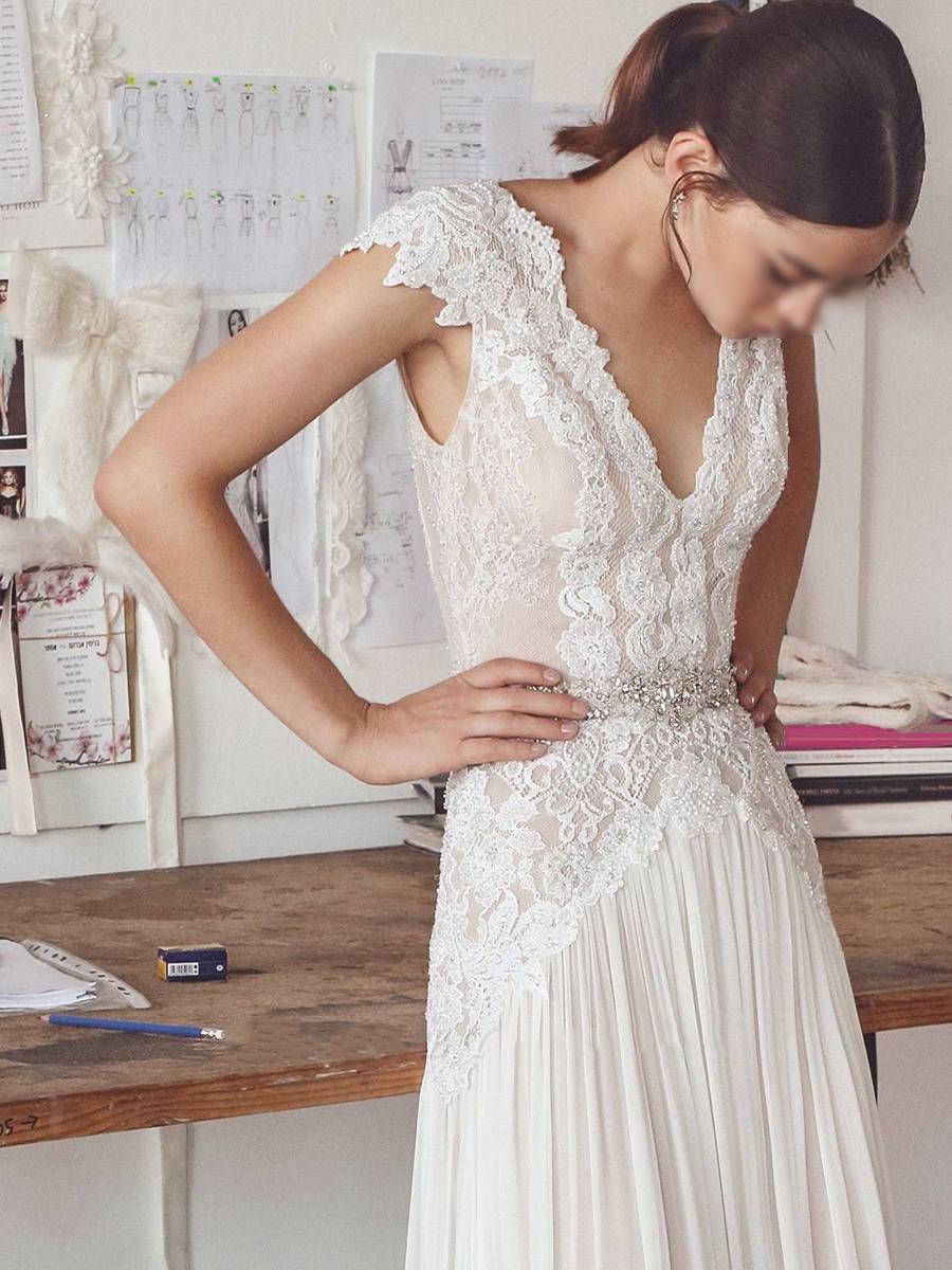 V-Neck Cap Sleeves Sheath/Column Floor-Length Hall Wedding Dress