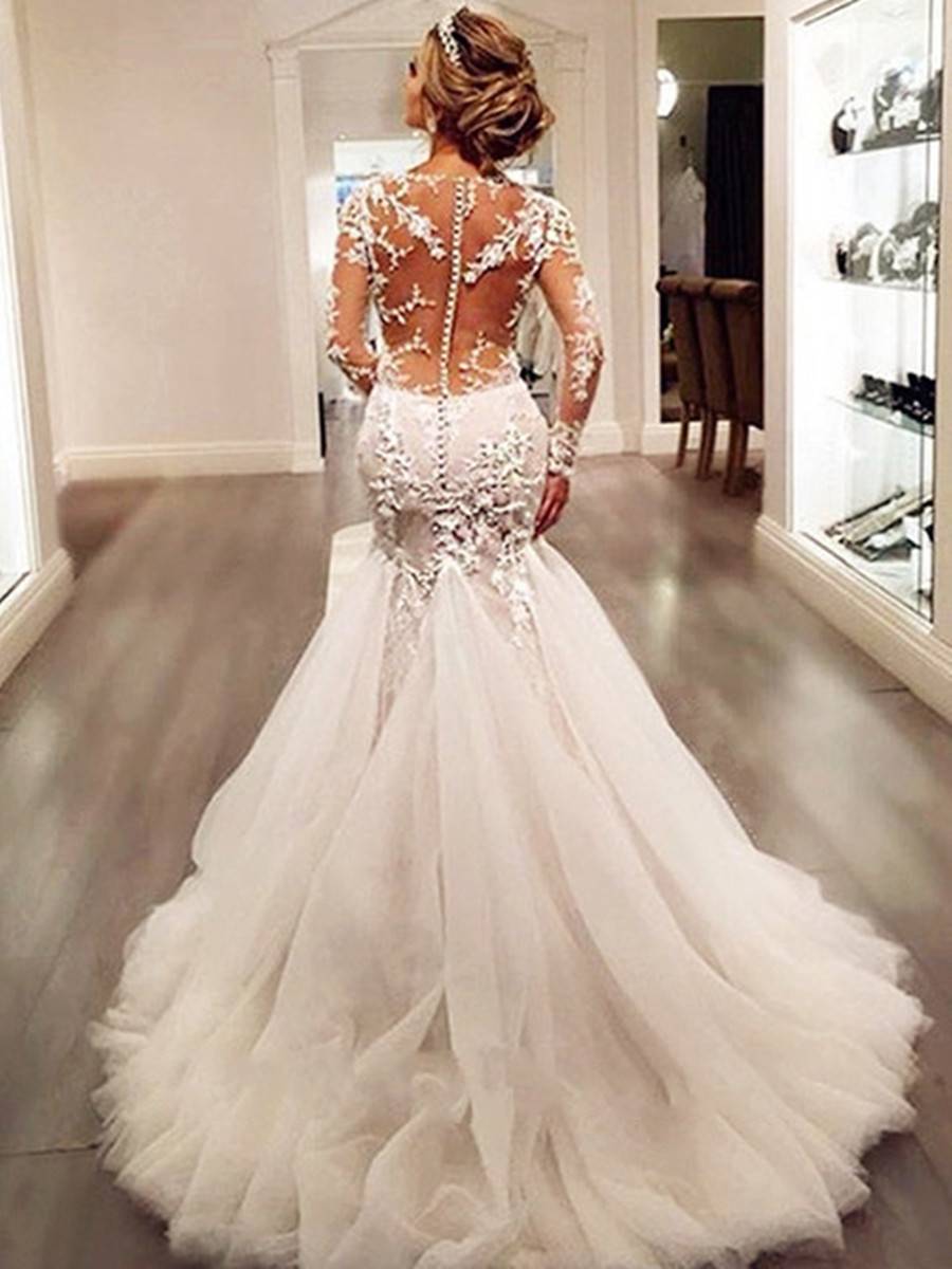 Long Sleeves Court Floor-Length Trumpet/Mermaid Church Wedding Dress