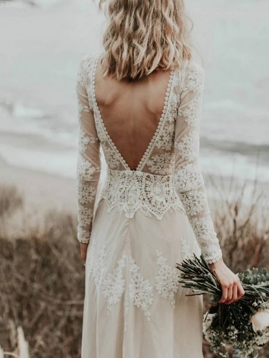 Bateau Long Sleeves Lace Floor-Length Garden/Outdoor Wedding Dress