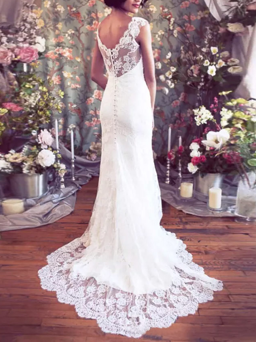 Trumpet/Mermaid Lace Floor-Length V-Neck Church Wedding Dress