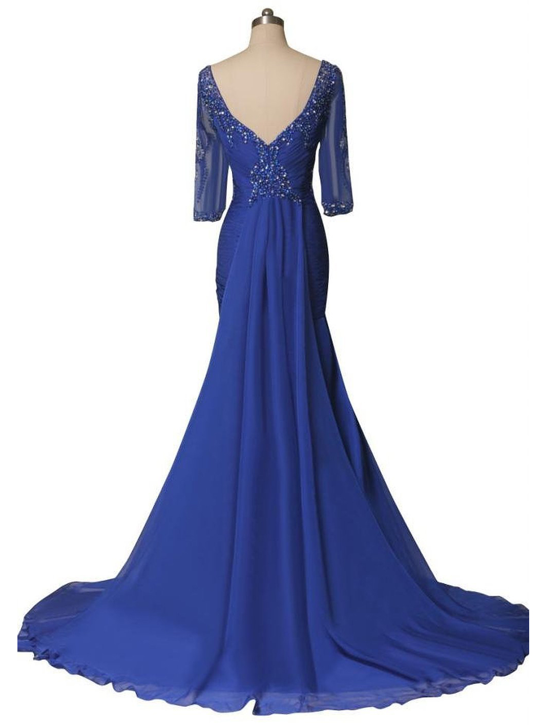 Half Sleeves Watteau Scoop Beading Evening Dress Mermaid Elegant Royal Blue Chiffon Long Dress