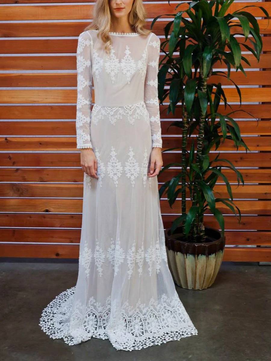 Bateau Long Sleeves Lace Floor-Length Garden/Outdoor Wedding Dress