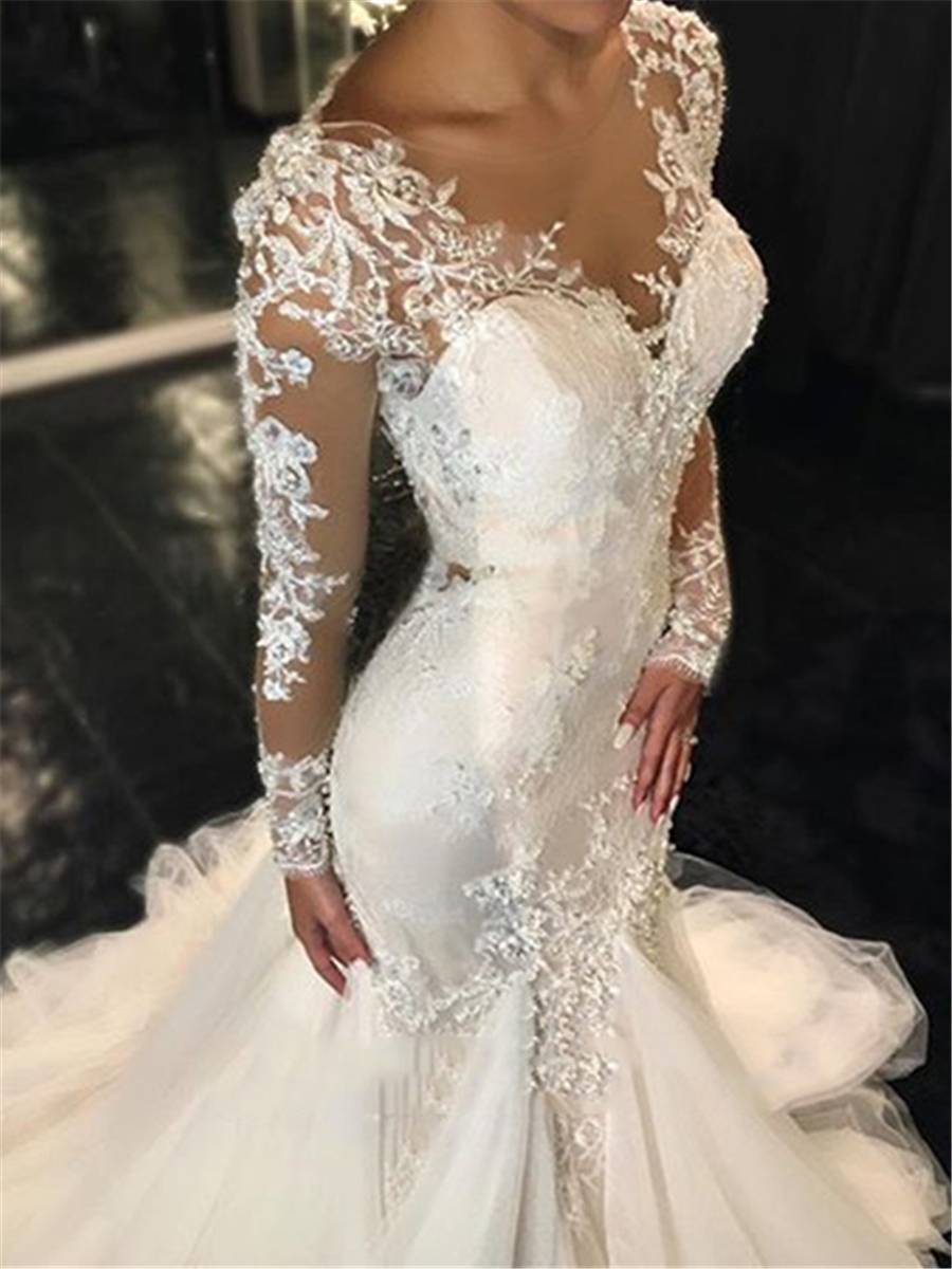 Long Sleeves Court Floor-Length Trumpet/Mermaid Church Wedding Dress