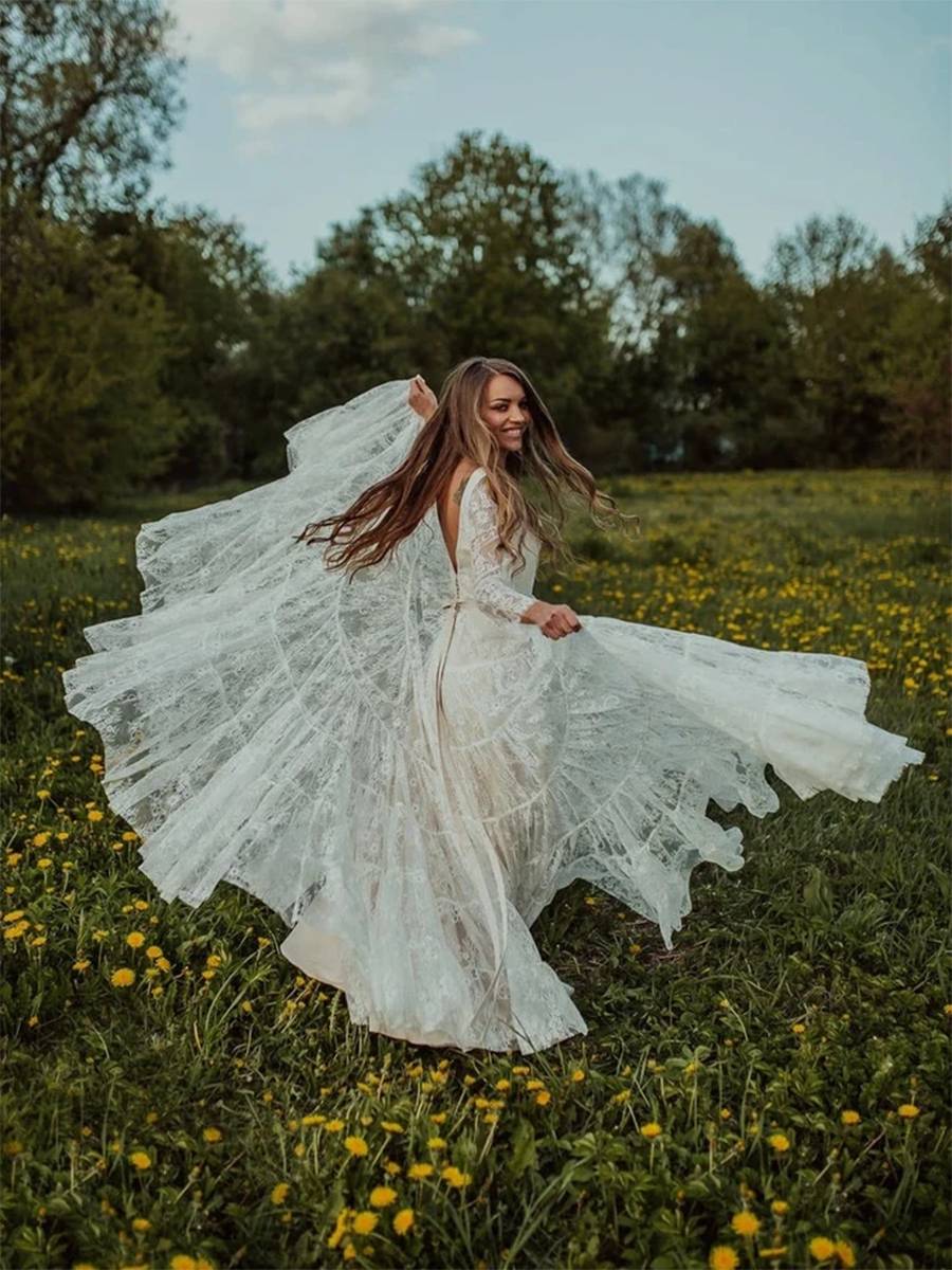 V-Neck A-Line Lace Long Sleeves Hall Wedding Dress
