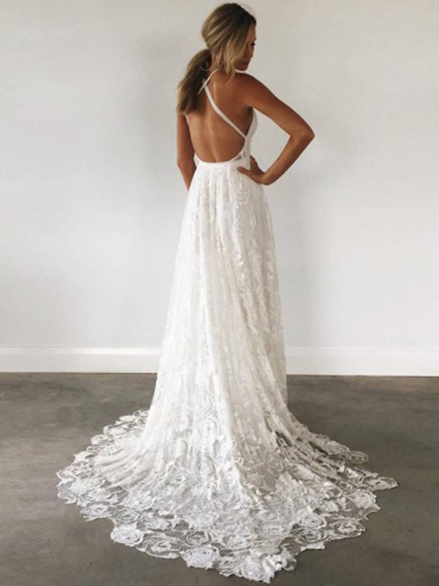 A-Line Floor-Length Lace Spaghetti Straps Hall Wedding Dress