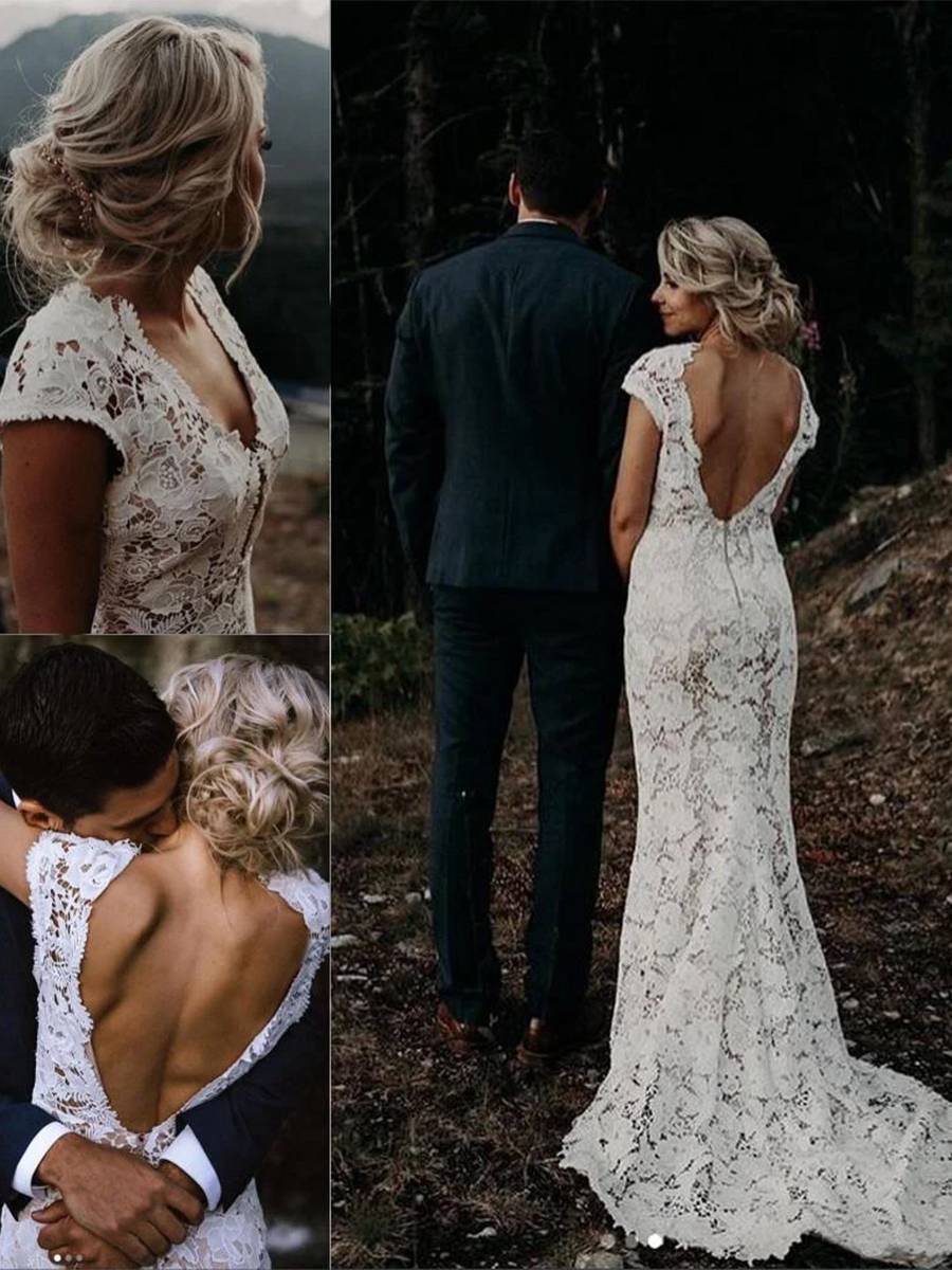 V-Neck Trumpet/Mermaid Lace Cap Sleeves Church Wedding Dress