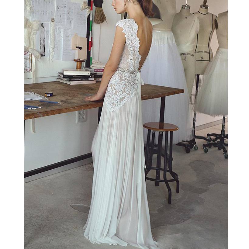 V-Neck Cap Sleeves Sheath/Column Floor-Length Hall Wedding Dress
