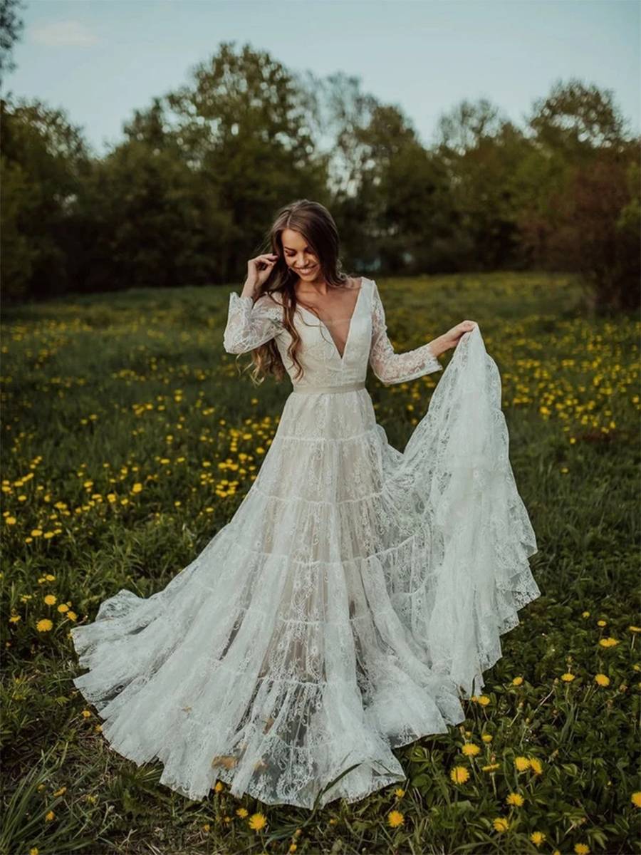 V-Neck A-Line Lace Long Sleeves Hall Wedding Dress