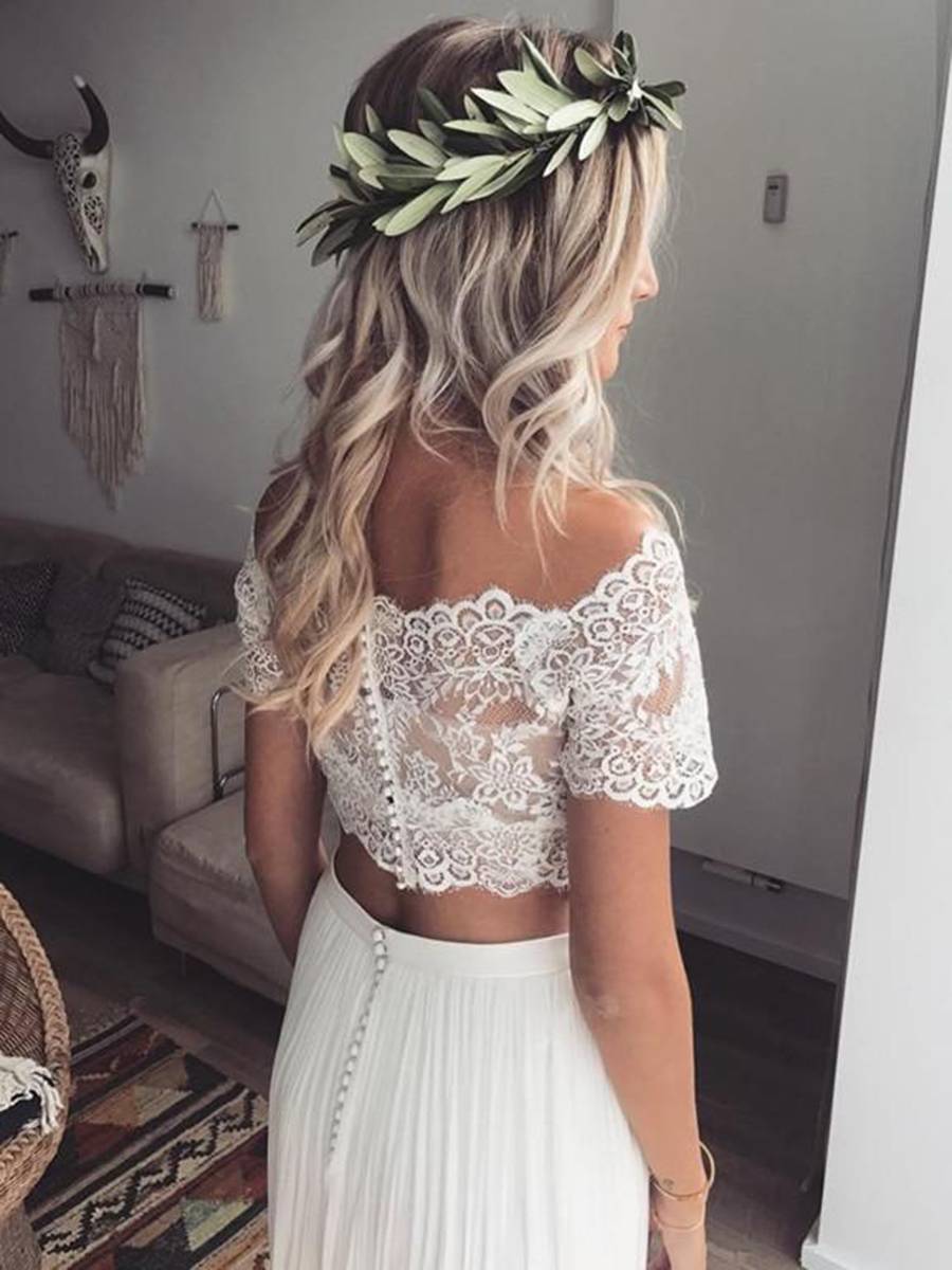 Floor-Length Short Sleeves Off-The-Shoulder A-Line Garden/Outdoor Wedding Dress