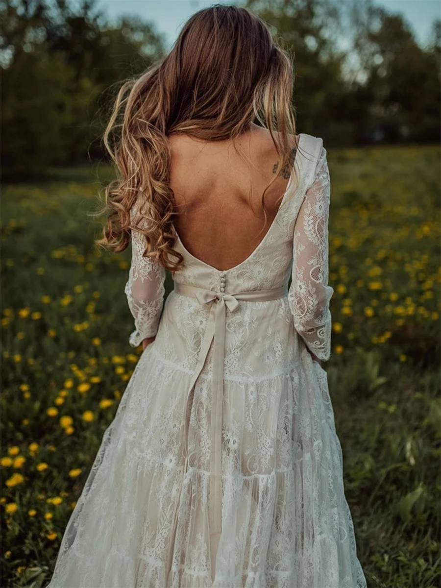 V-Neck A-Line Lace Long Sleeves Hall Wedding Dress