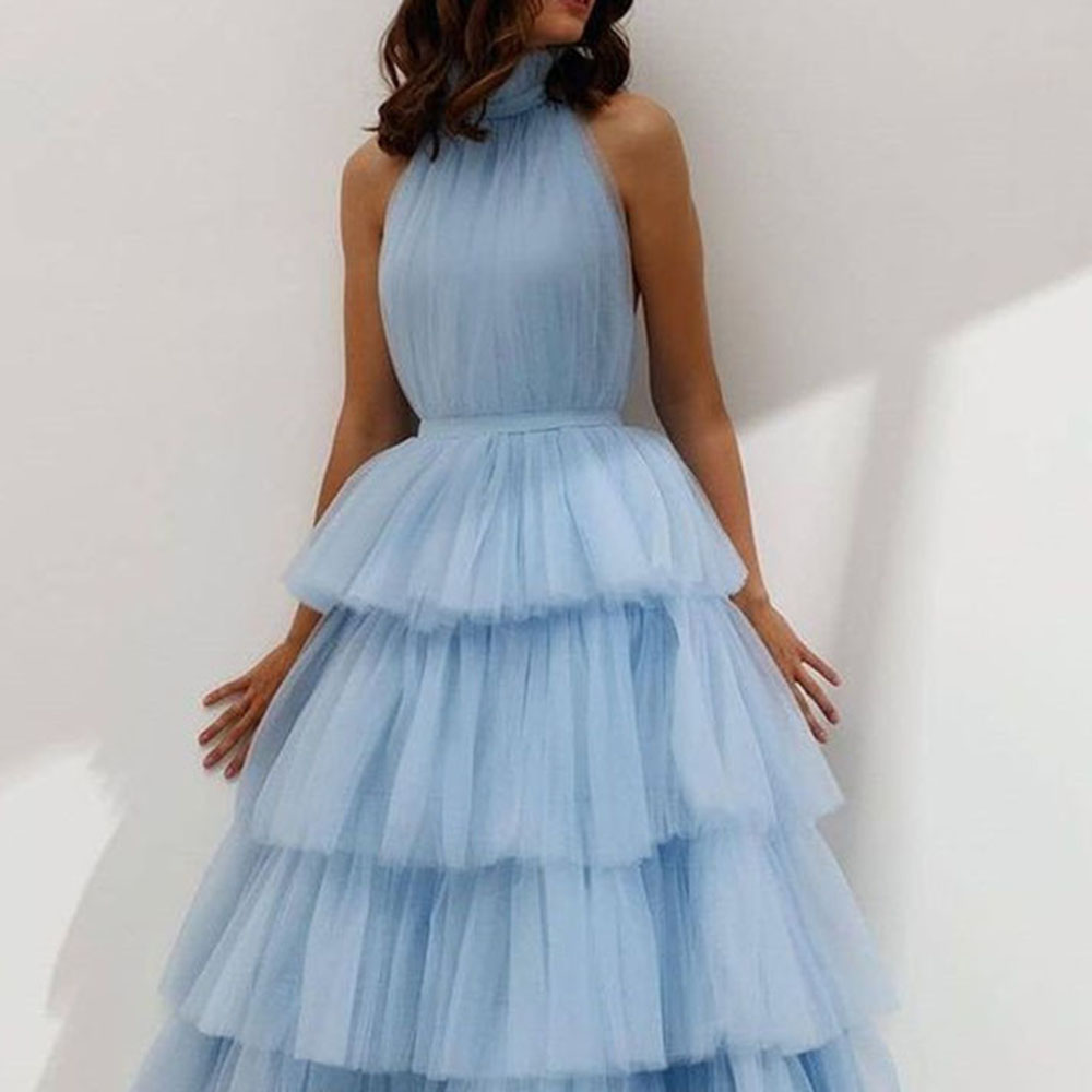 Sleeveless Tea-Length Ball Gown Cascading Ruffles Evening Dress