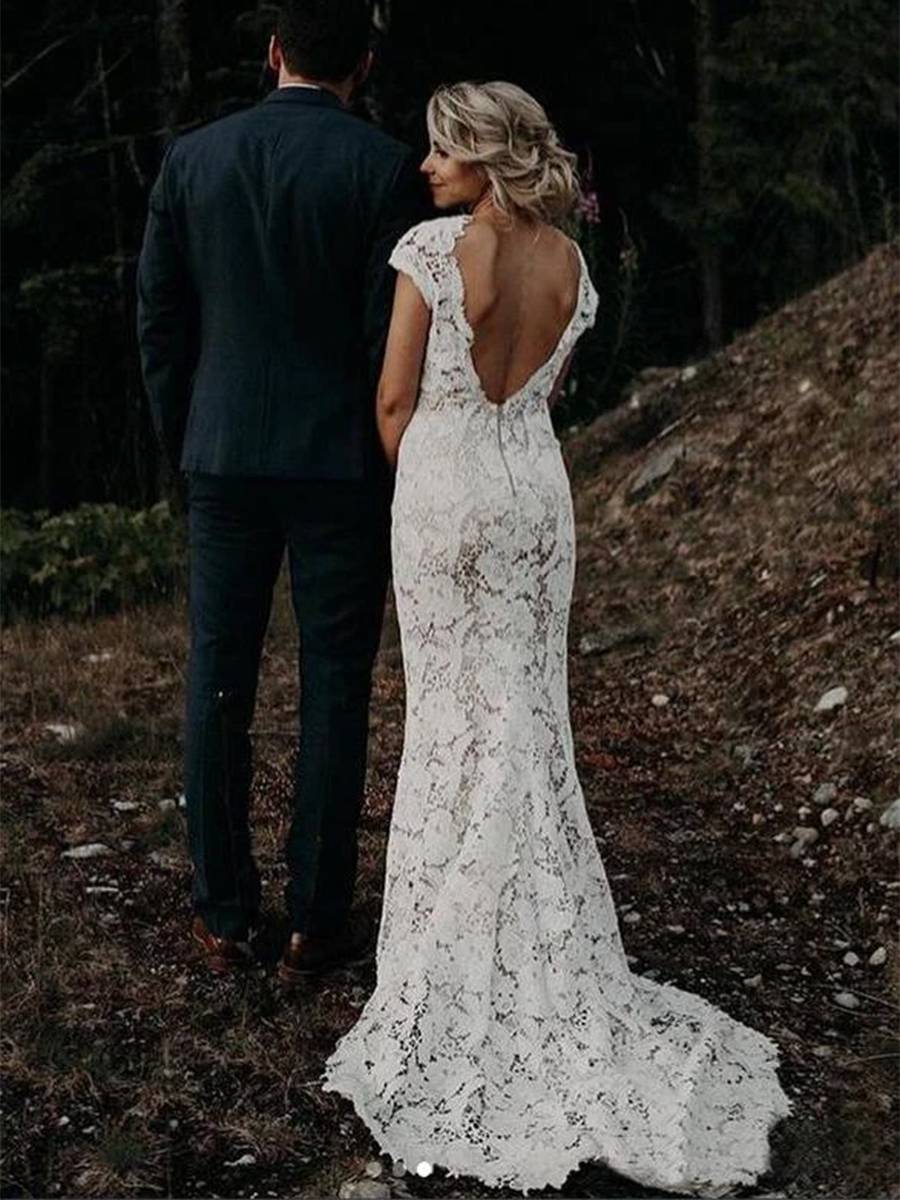 V-Neck Trumpet/Mermaid Lace Cap Sleeves Church Wedding Dress