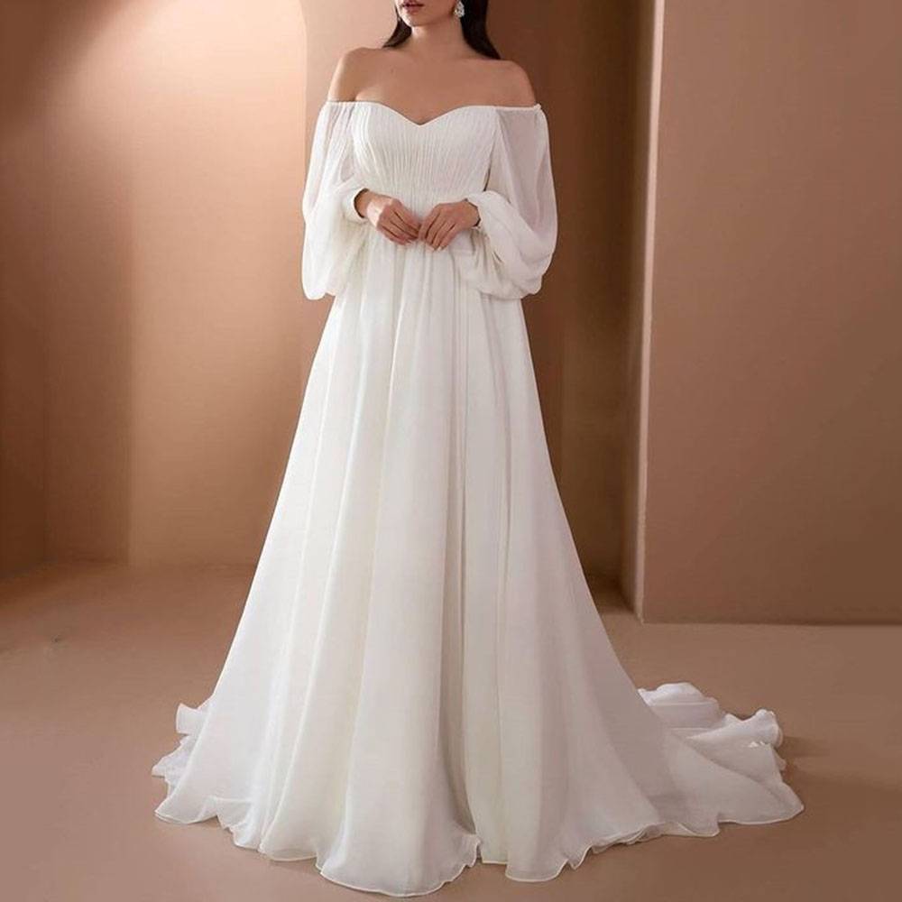 Pleats Long Sleeves Floor-Length A-Line Hall Wedding Dress
