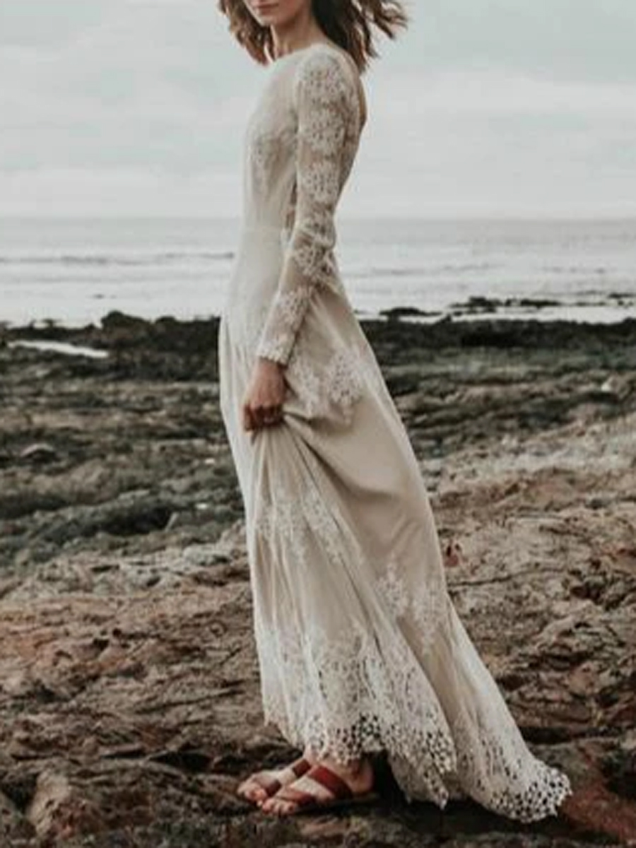 Bateau Long Sleeves Lace Floor-Length Garden/Outdoor Wedding Dress