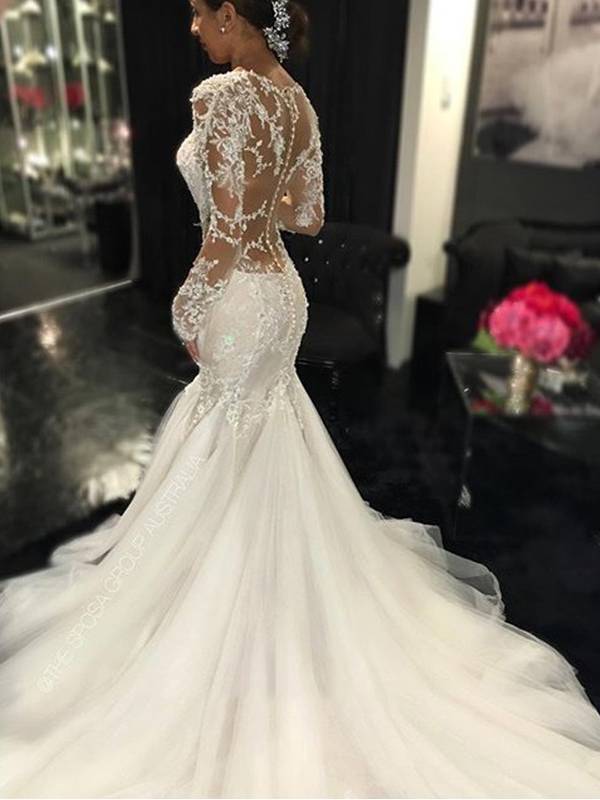 Long Sleeves Court Floor-Length Trumpet/Mermaid Church Wedding Dress