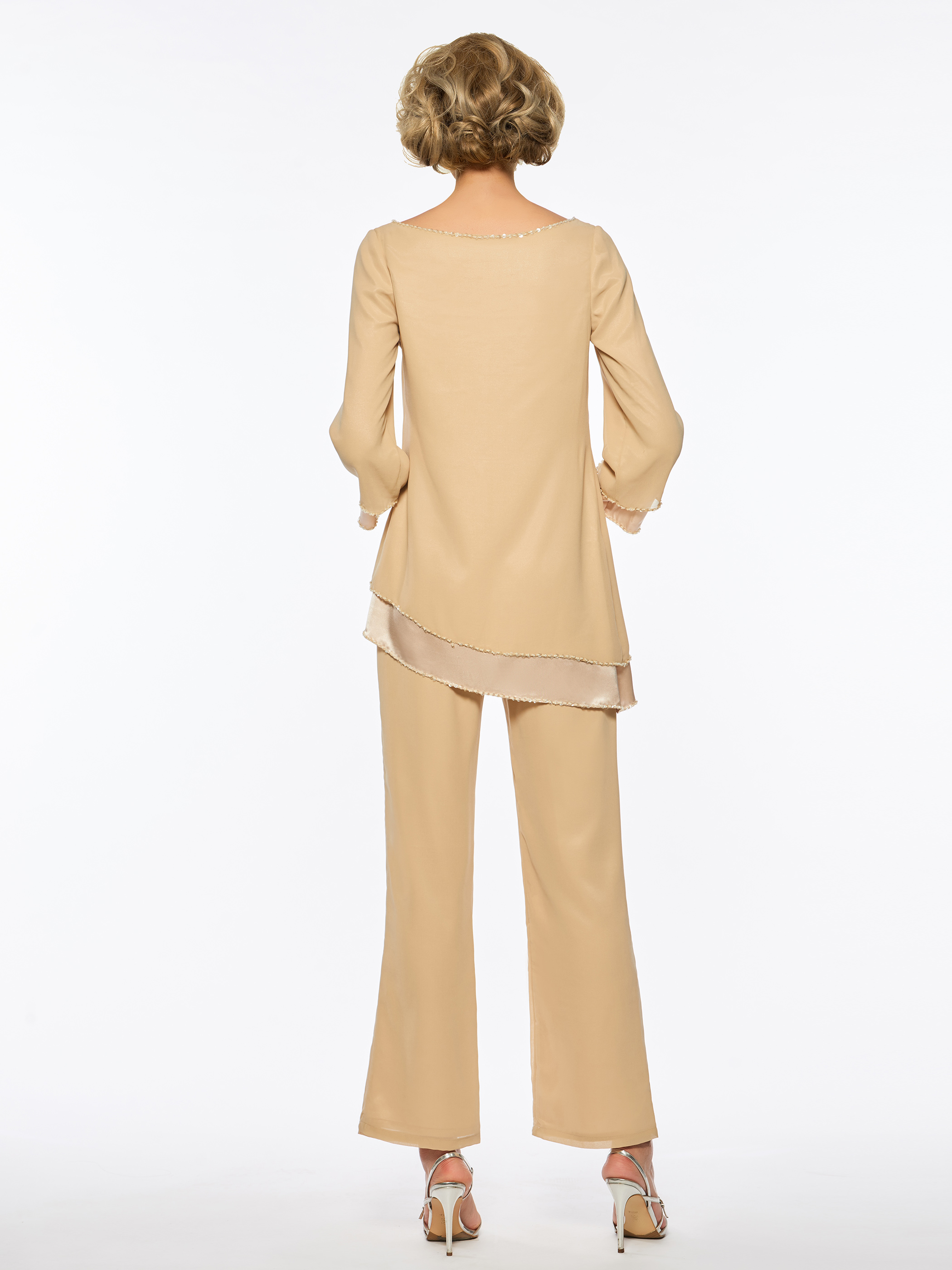 Floor-Length Scoop Long Sleeves A-Line Mother Of The Bride Pant Suit 3 Piece Chiffon