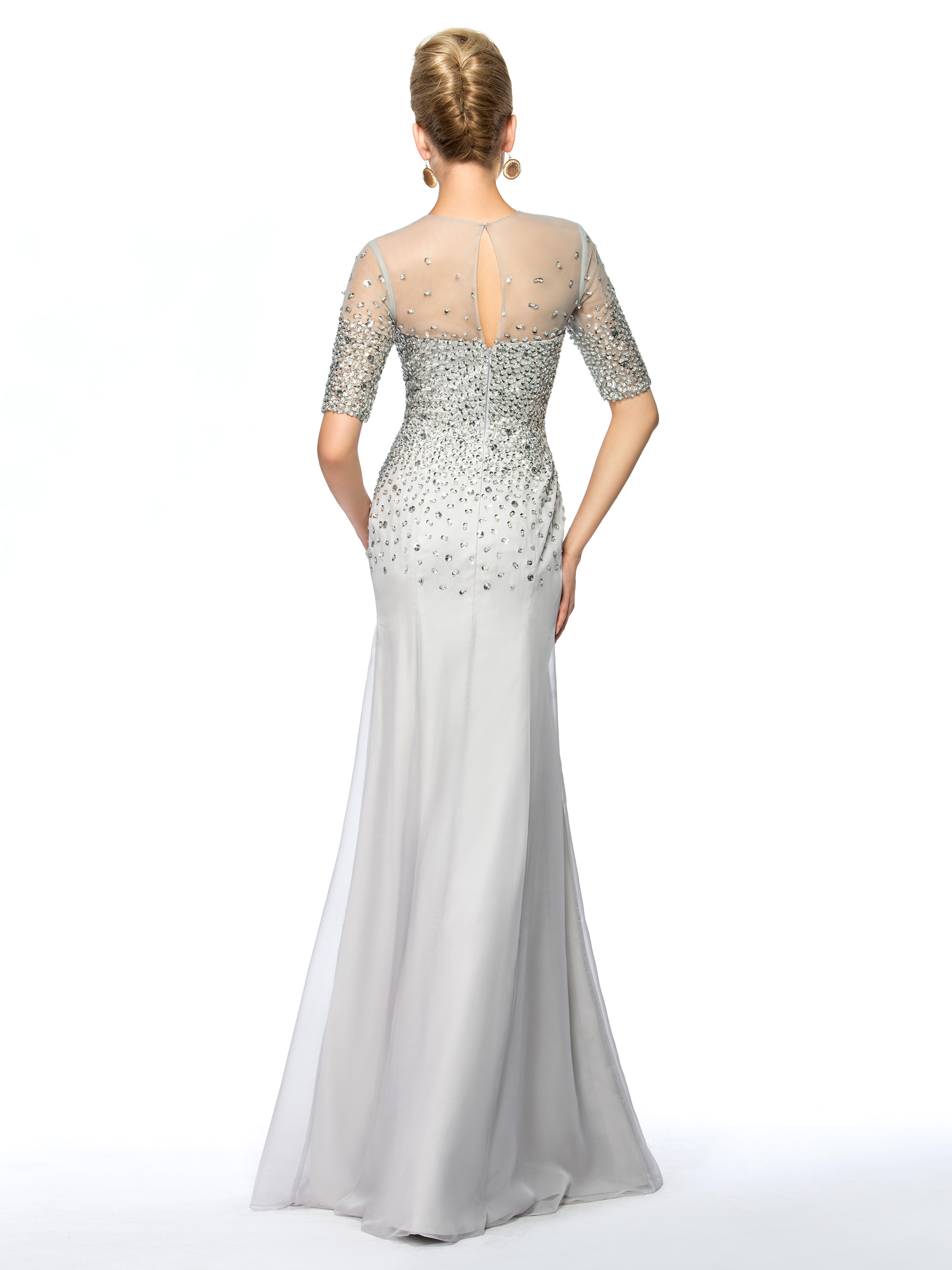 Jewel Beading Floor-Length Half Sleeves Celebrity Dress Wedding Guest Dress