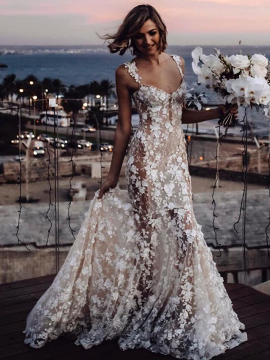 Floor-Length Straps Lace Trumpet/Mermaid Beach Wedding Dress