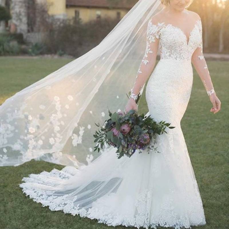 Trumpet/Mermaid Long Sleeves Appliques Court Hall Wedding Dress