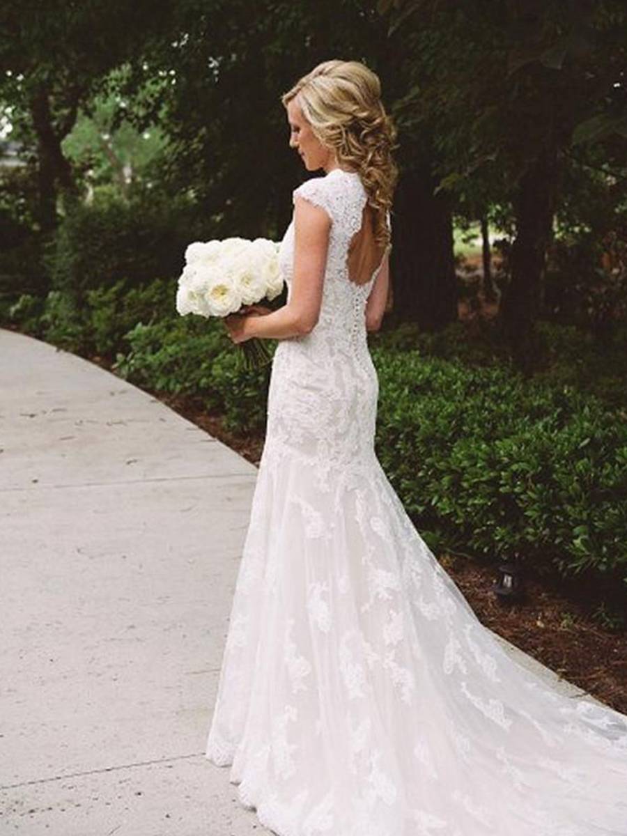 Court V-Neck Cap Sleeves Appliques Hall Wedding Dress