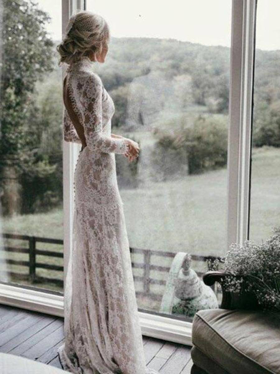 Long Sleeves Lace High Neck Floor-Length Beach Wedding Dress