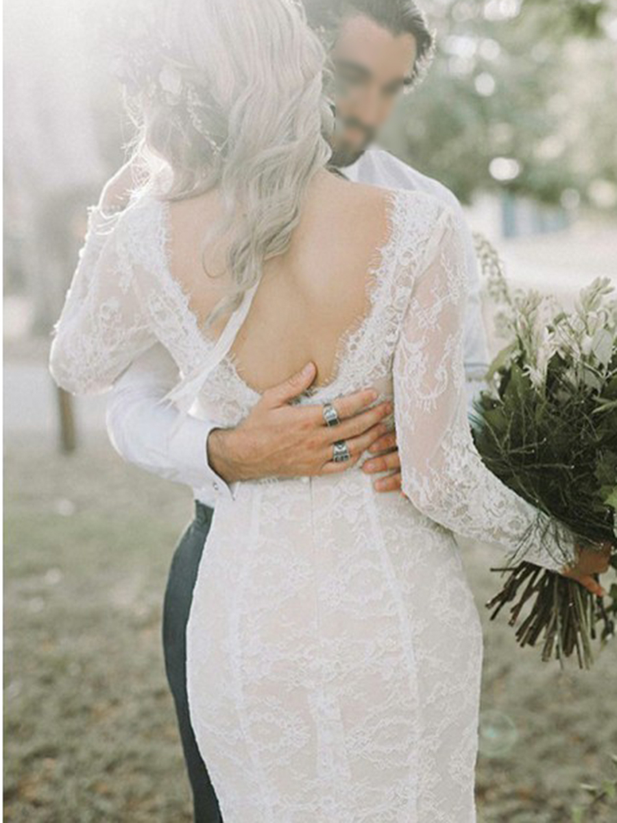 V-Neck Floor-Length Lace Long Sleeves Hall Wedding Dress