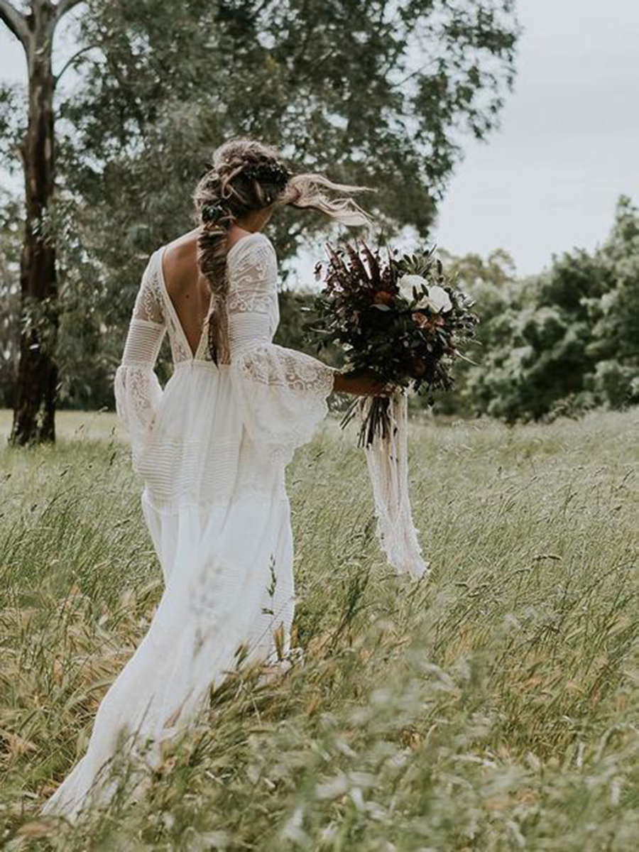 Chiffon Appliqued V-Neck Hiking Wedding Dress Boho A Line Flutter Sleeves Bridal Gown