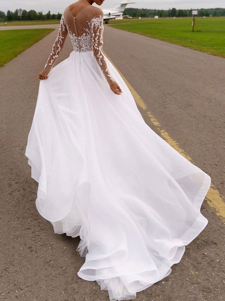 Long Sleeves A-Line Scoop Floor-Length Garden/Outdoor Wedding Dress