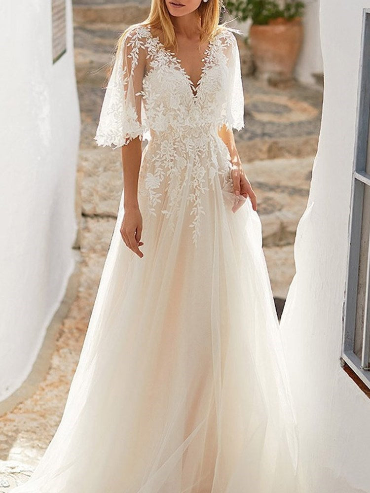 Floor-Length Lace V-Neck A-Line Church Wedding Dress